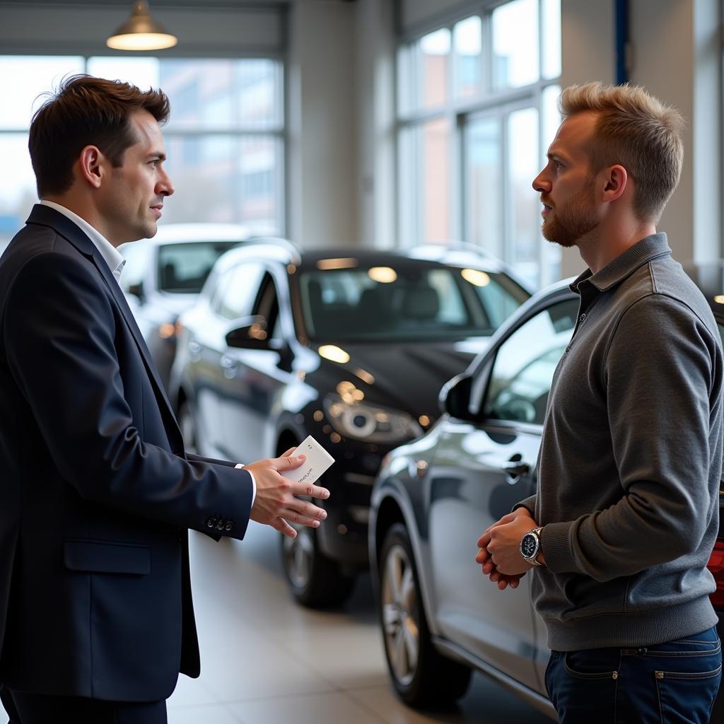 Car Owner Discussing Diagnostics with Service Advisor