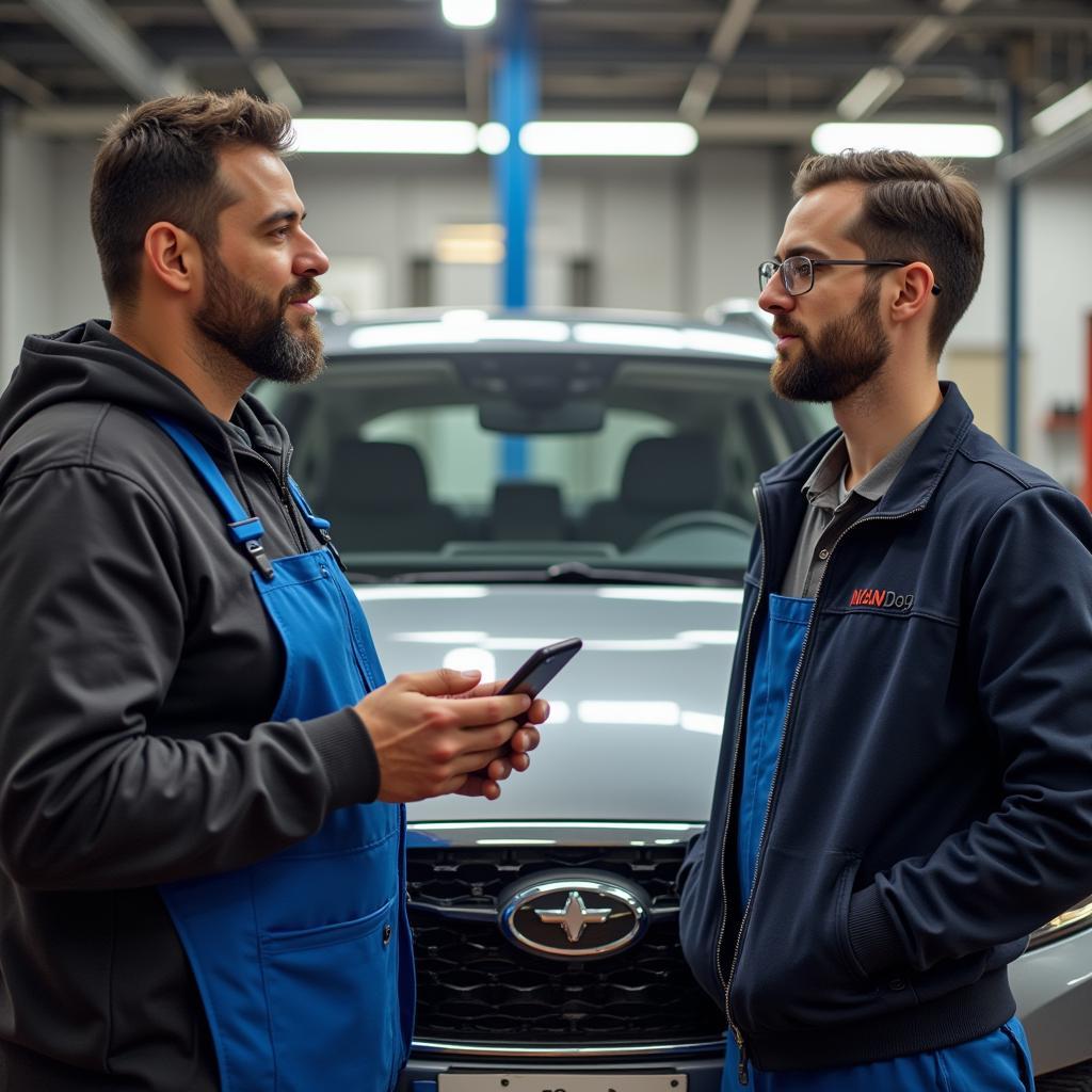 Car Owner Discussing Diagnostics with Mechanic