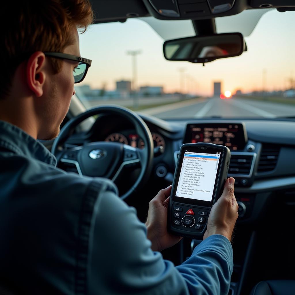 Car owner reading diagnostic codes on a scanner