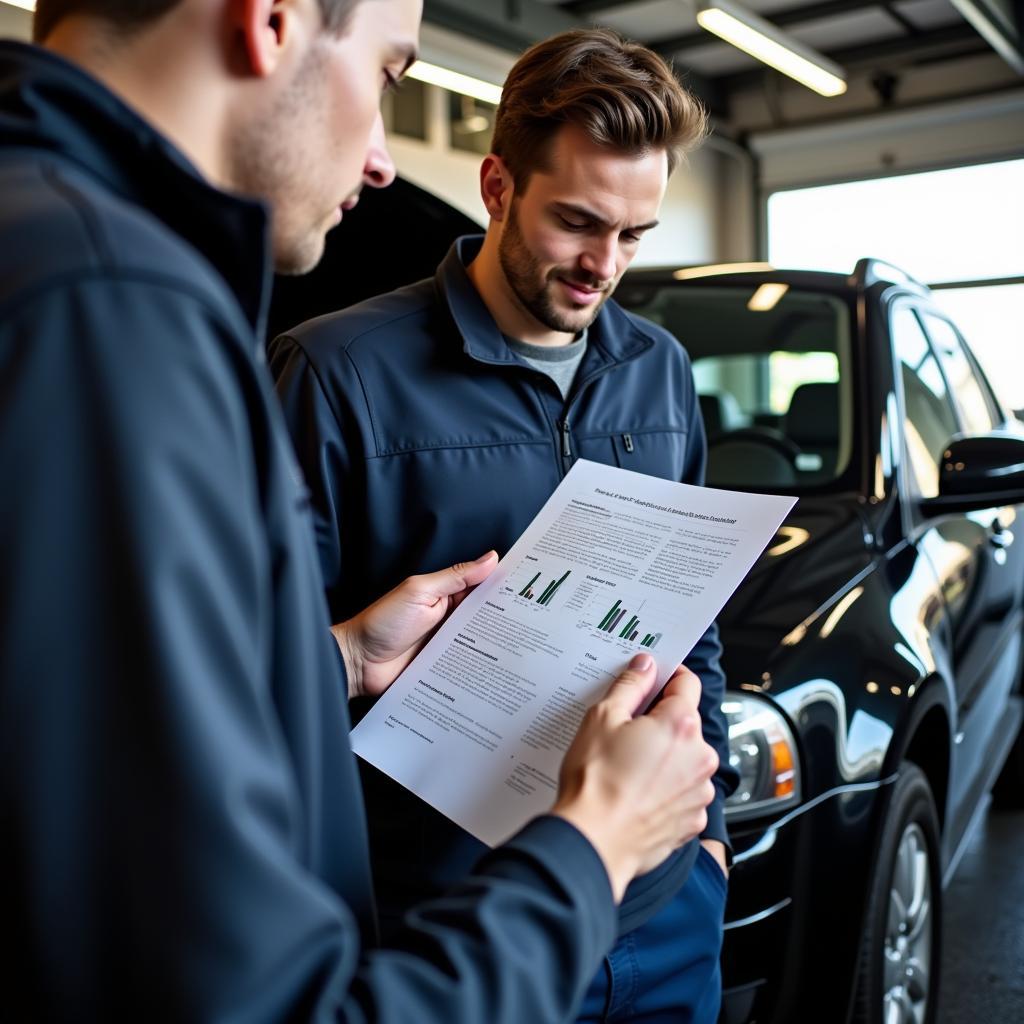 Car Owner Discussing Diagnostic Report with Mechanic