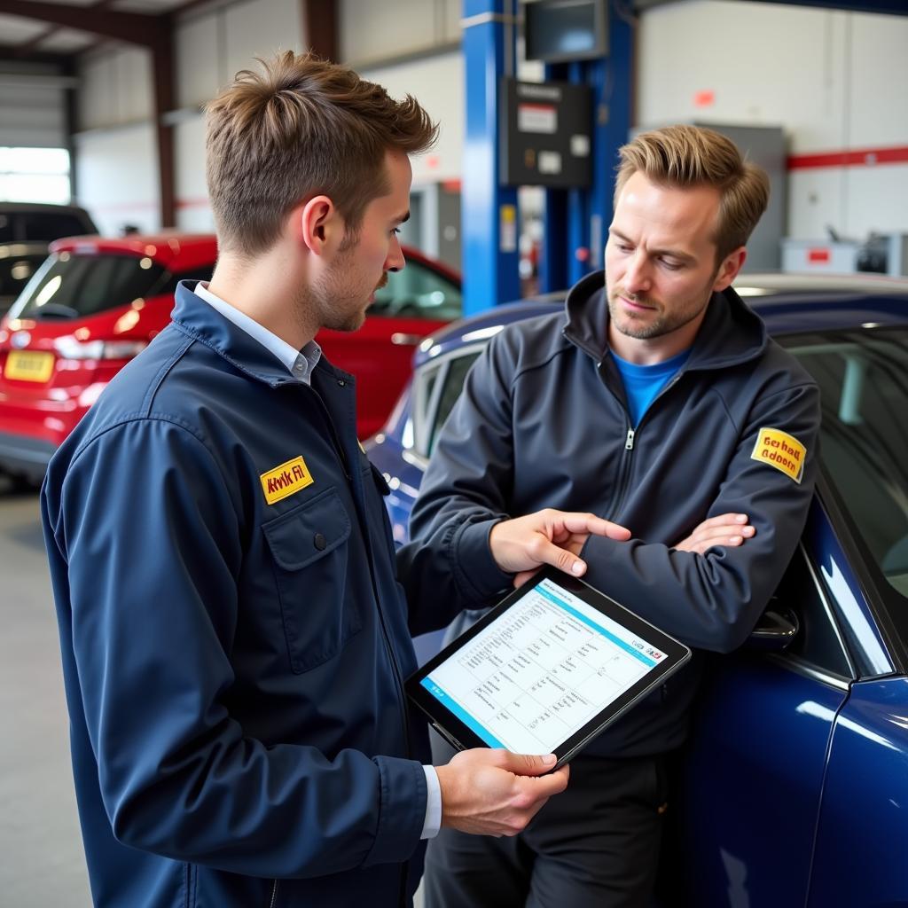 Car owner and technician discussing diagnostics report