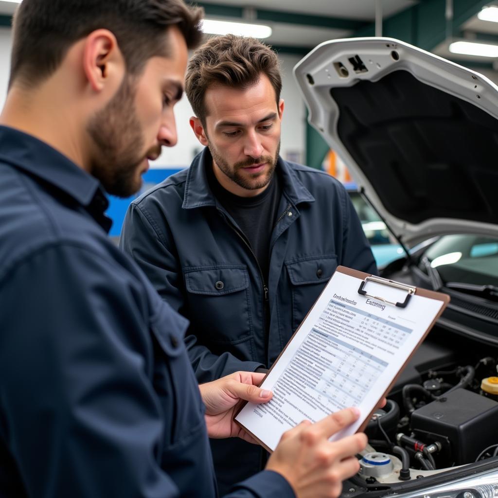 Car owner and mechanic reviewing a repair estimate together.