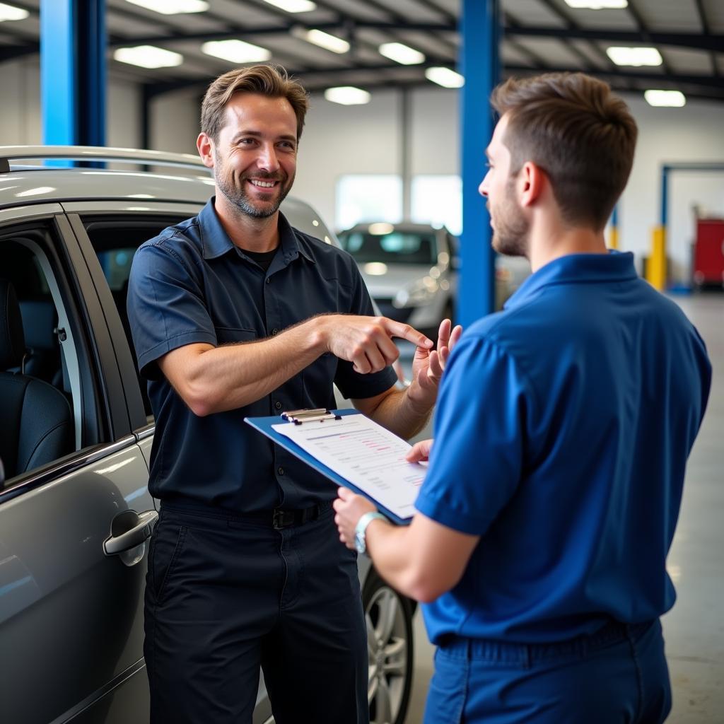 Car Owner Discussing Diagnostics with a Mechanic