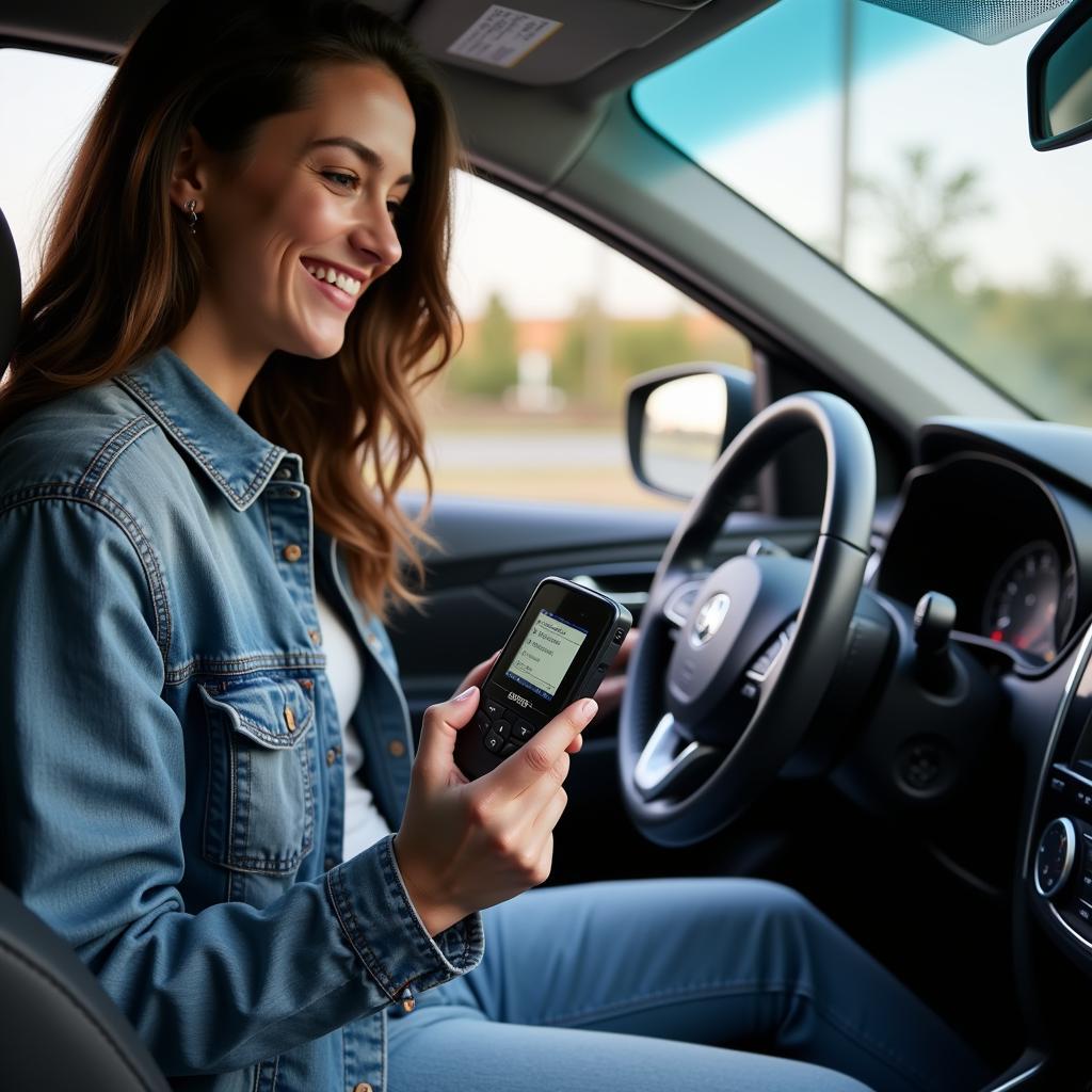 A car owner uses an Amazon car diagnostic tool to check their vehicle.