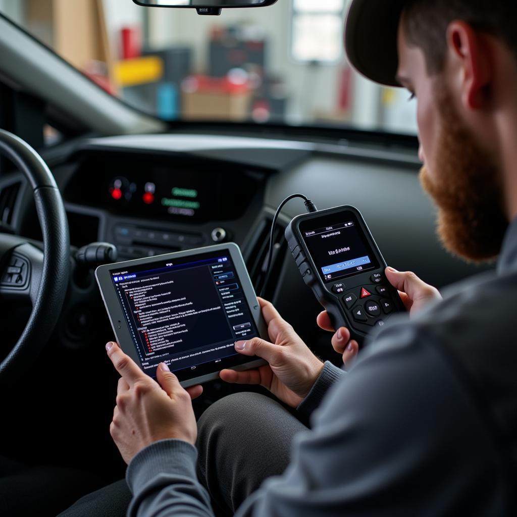 Car owner performing a DIY diagnostic check with a Bluetooth tool