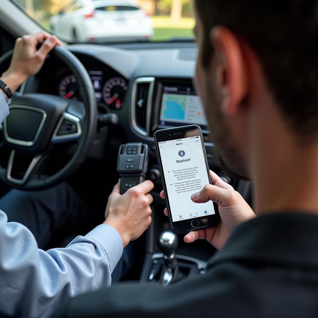 Car Owner Using Bluetooth OBD2 Scanner at Home