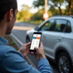 A car owner using a smartphone to access a car diagnostic website to check a warning light