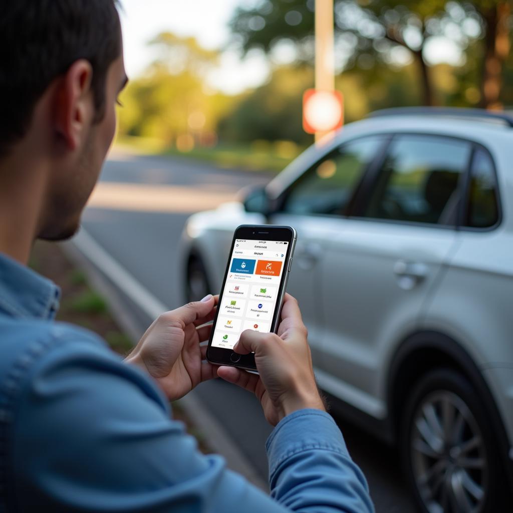 A car owner using a smartphone to access a car diagnostic website to check a warning light