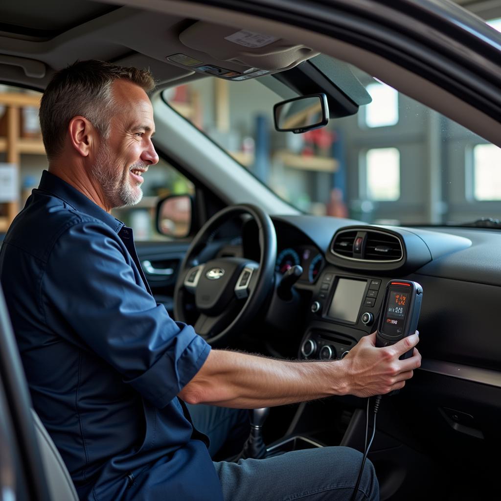 Car Owner Using a Diagnostic Reader at Home