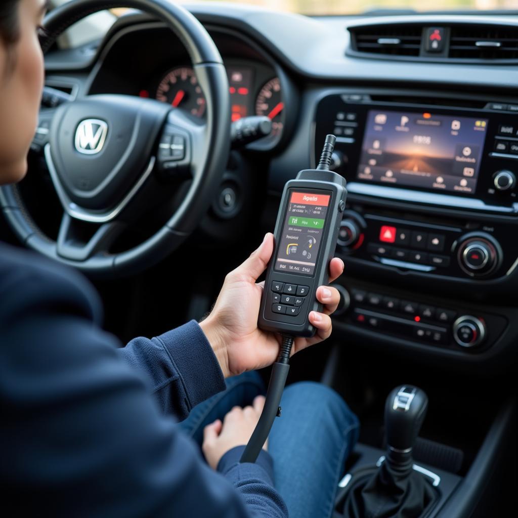 A car owner using a diagnostic tool on their vehicle