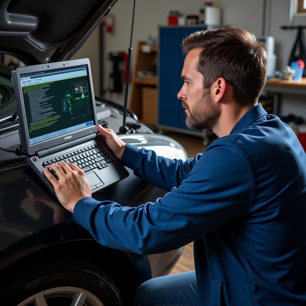 A car owner is using a pc based diagnostic tool in their garage