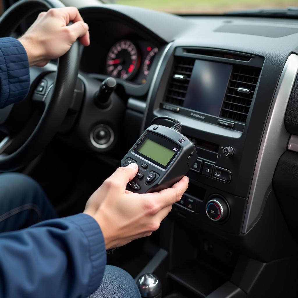 Car owner using an OBD-II scanner at home