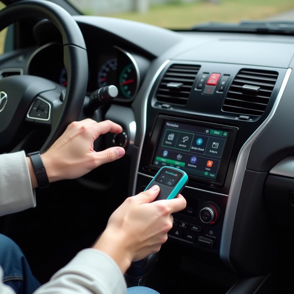 Car owner performing a car diagnostic with an OBD scanner