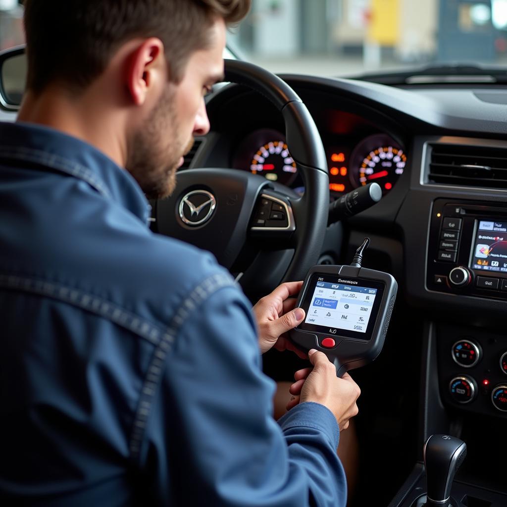 Car Owner Using OBD Scanner at Home