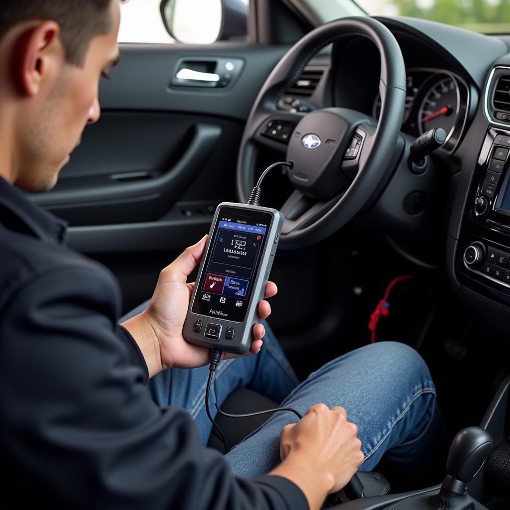 Car Owner Using OBD2 Scanner at Home