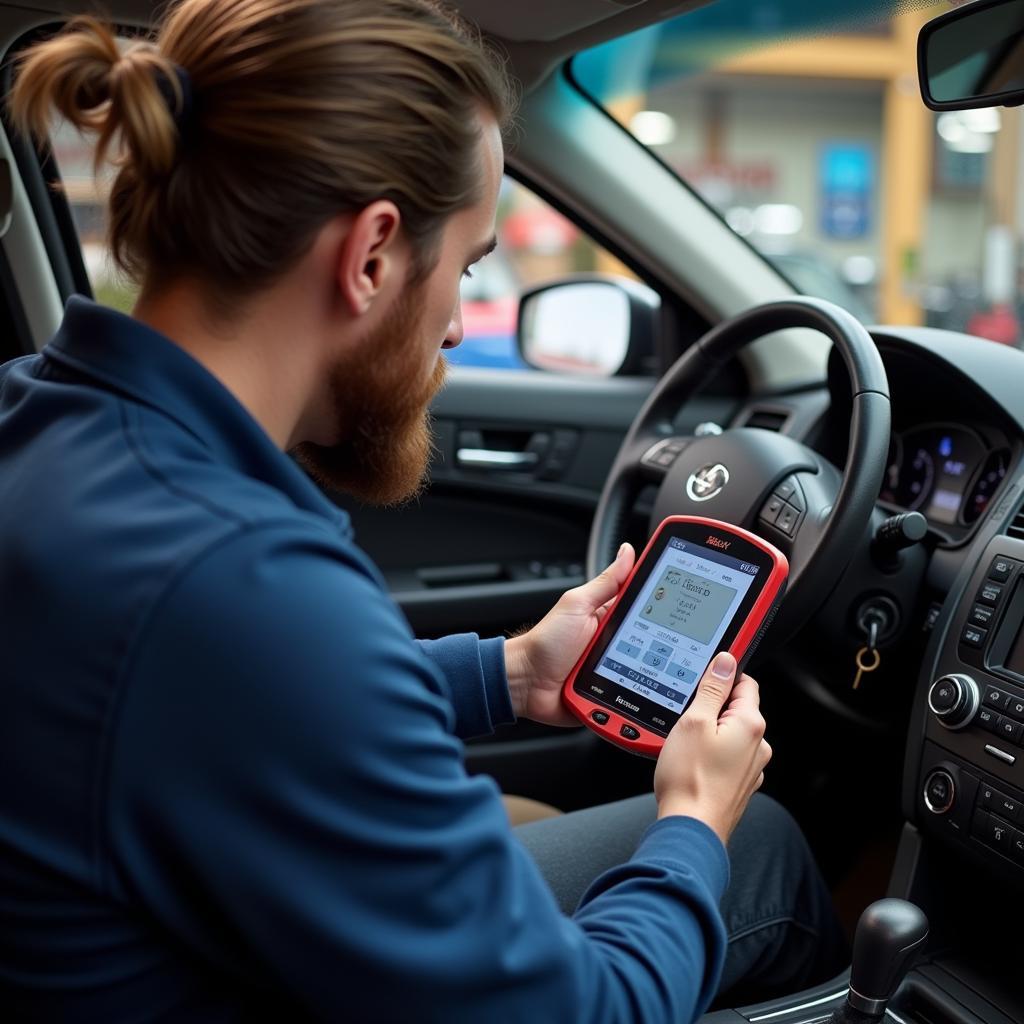 Car Owner Using OBD2 Scanner at Home