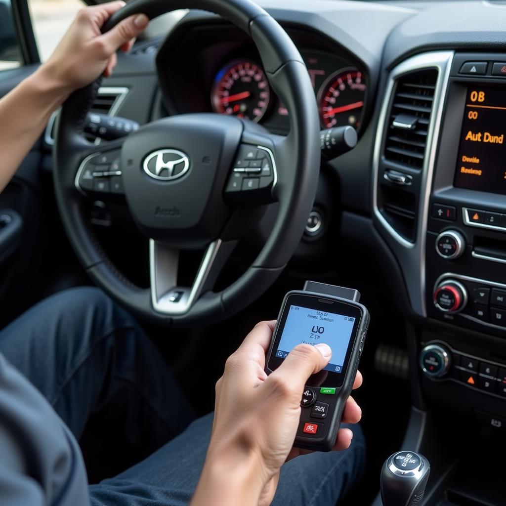 Car owner using an OBD2 scanner at home