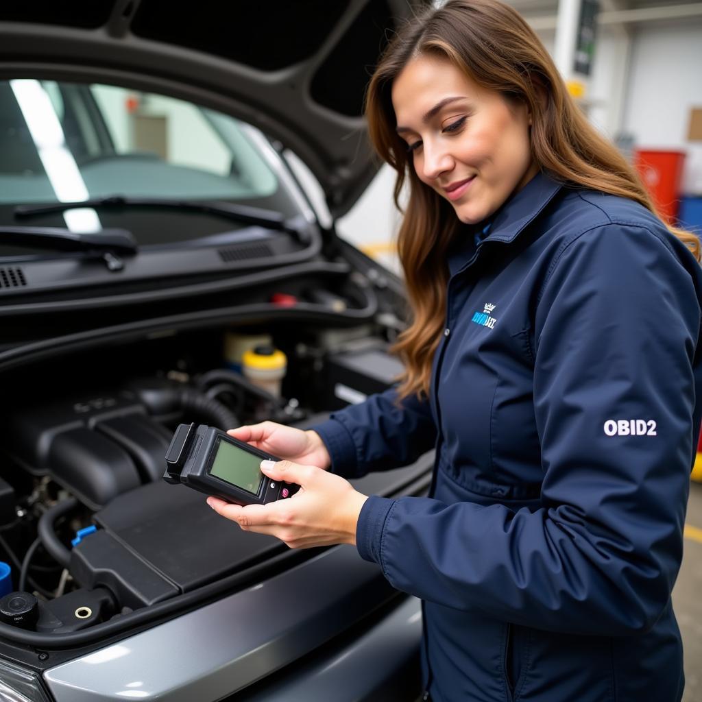 Car Owner Using OBD2 Scanner at Home