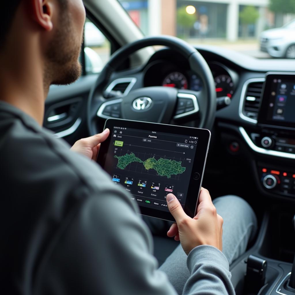 Car Owner Performing Self-Diagnostics with a Tablet