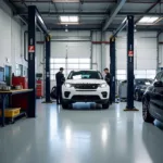 Interior of a car repair garage in North Tawton