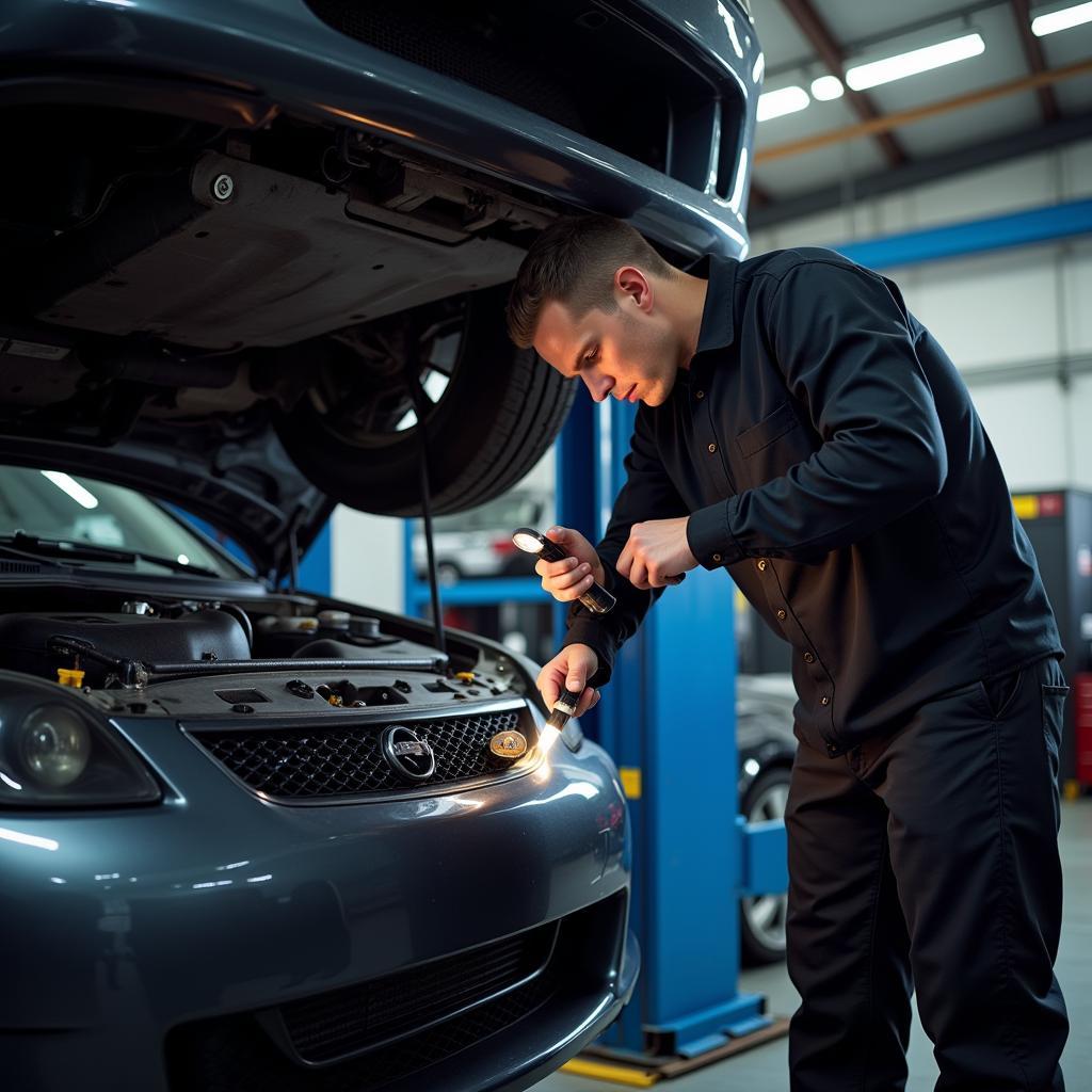 Mechanic inspecting car transmission on lift