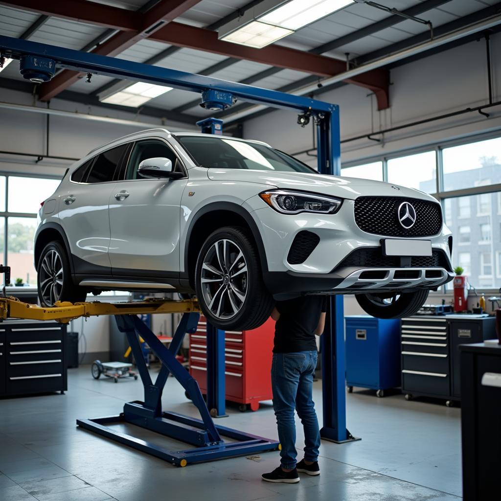 Car undergoing maintenance in a garage