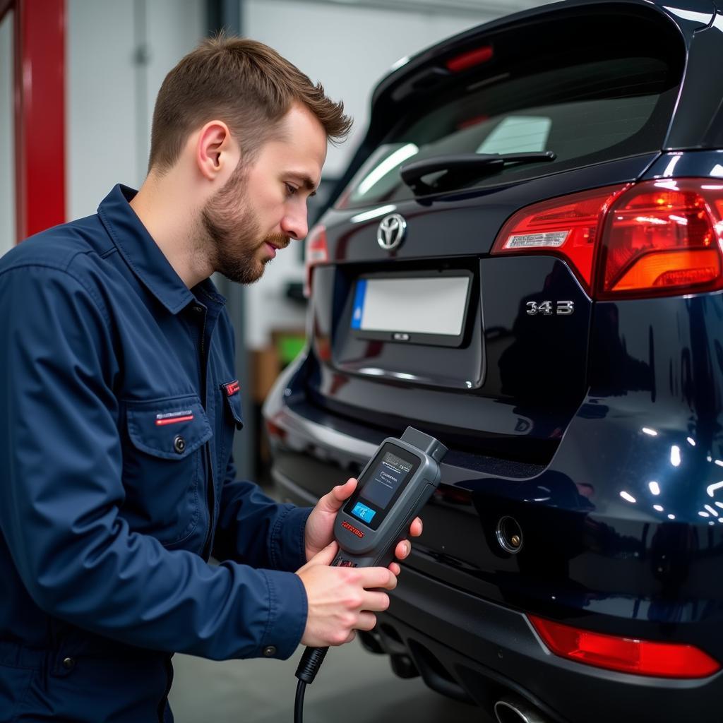 Mechanic in Cavan using a diagnostic tool on a car