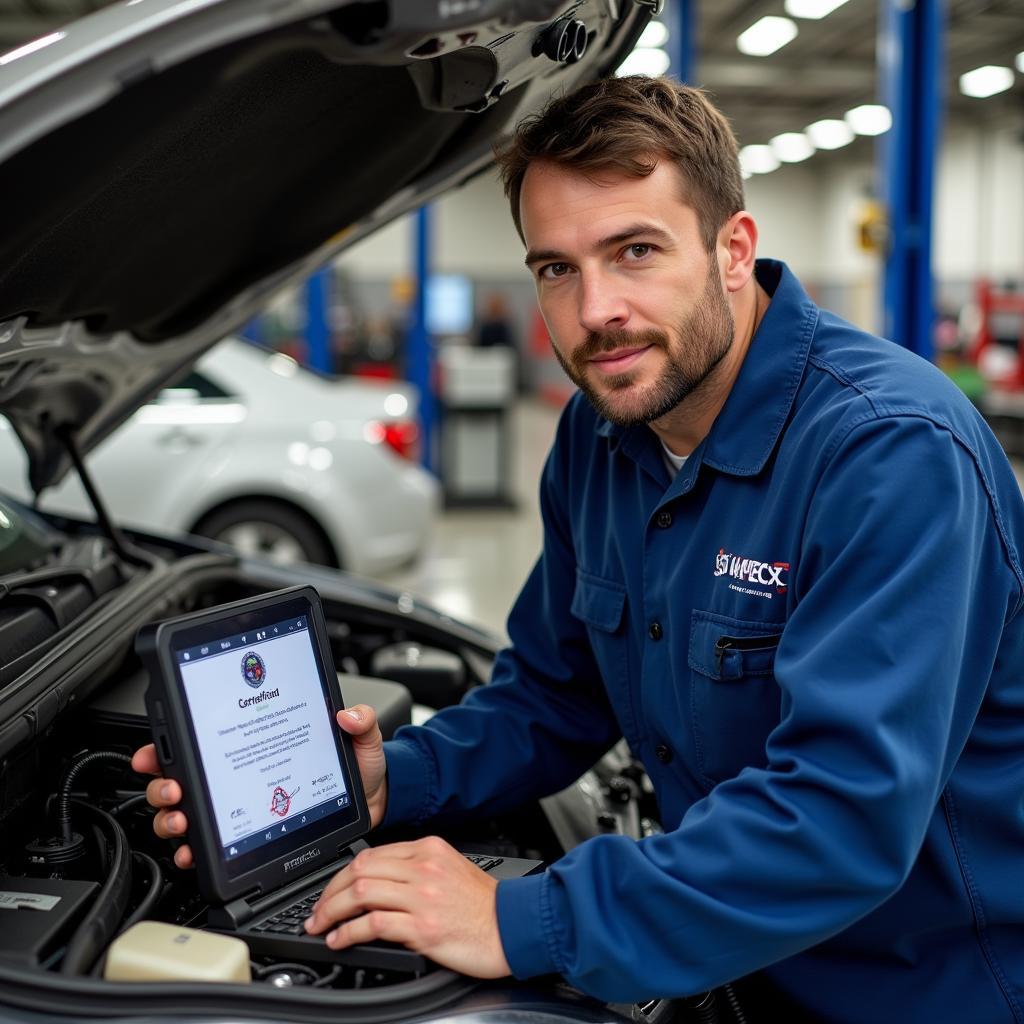 A certified car diagnostic technician working on a vehicle