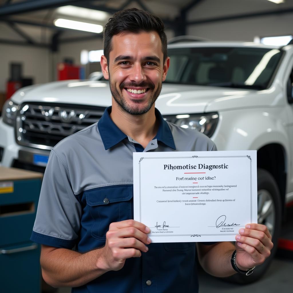 Confident Mechanic Holding a Car Diagnostic Certification