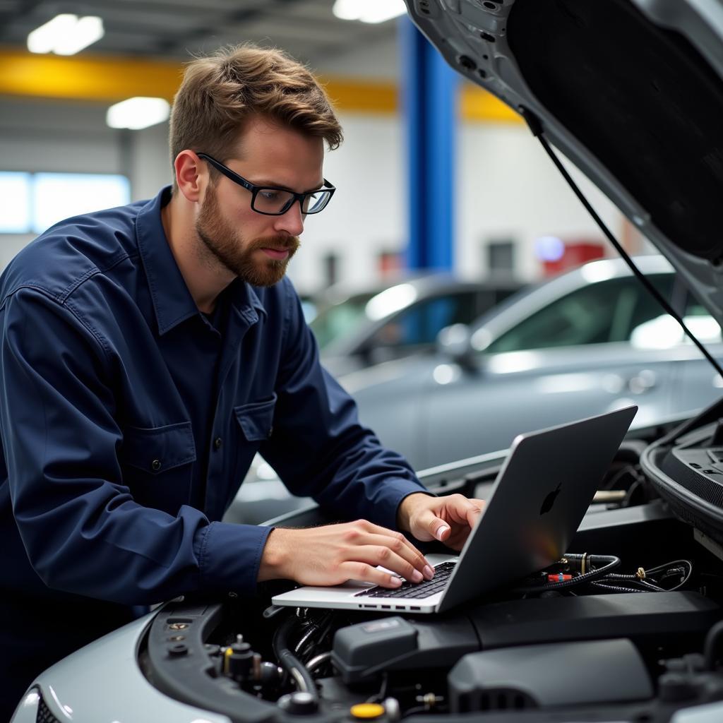 Certified Car Mechanic Using Diagnostic Tools