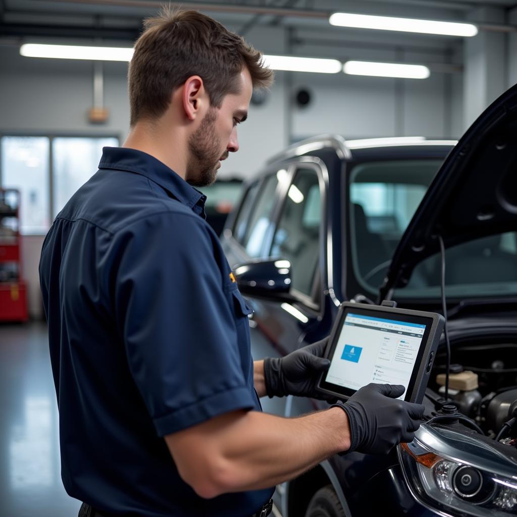 Certified mechanic operating diagnostic equipment