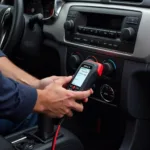 Mechanic using a cheap car diagnostic tool connected to a car's OBD-II port