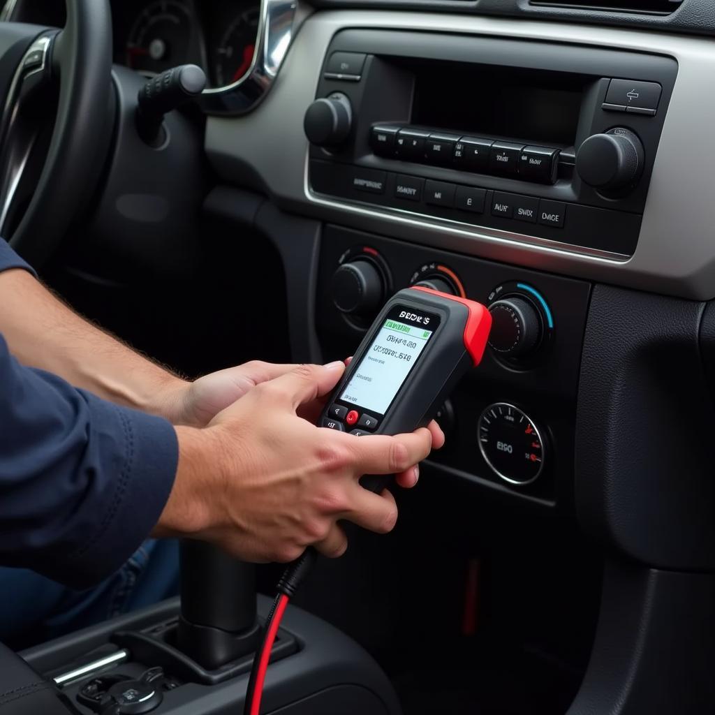 Mechanic using a cheap car diagnostic tool connected to a car's OBD-II port