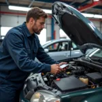 Mechanic connecting a diagnostic scanner to a car's OBD-II port