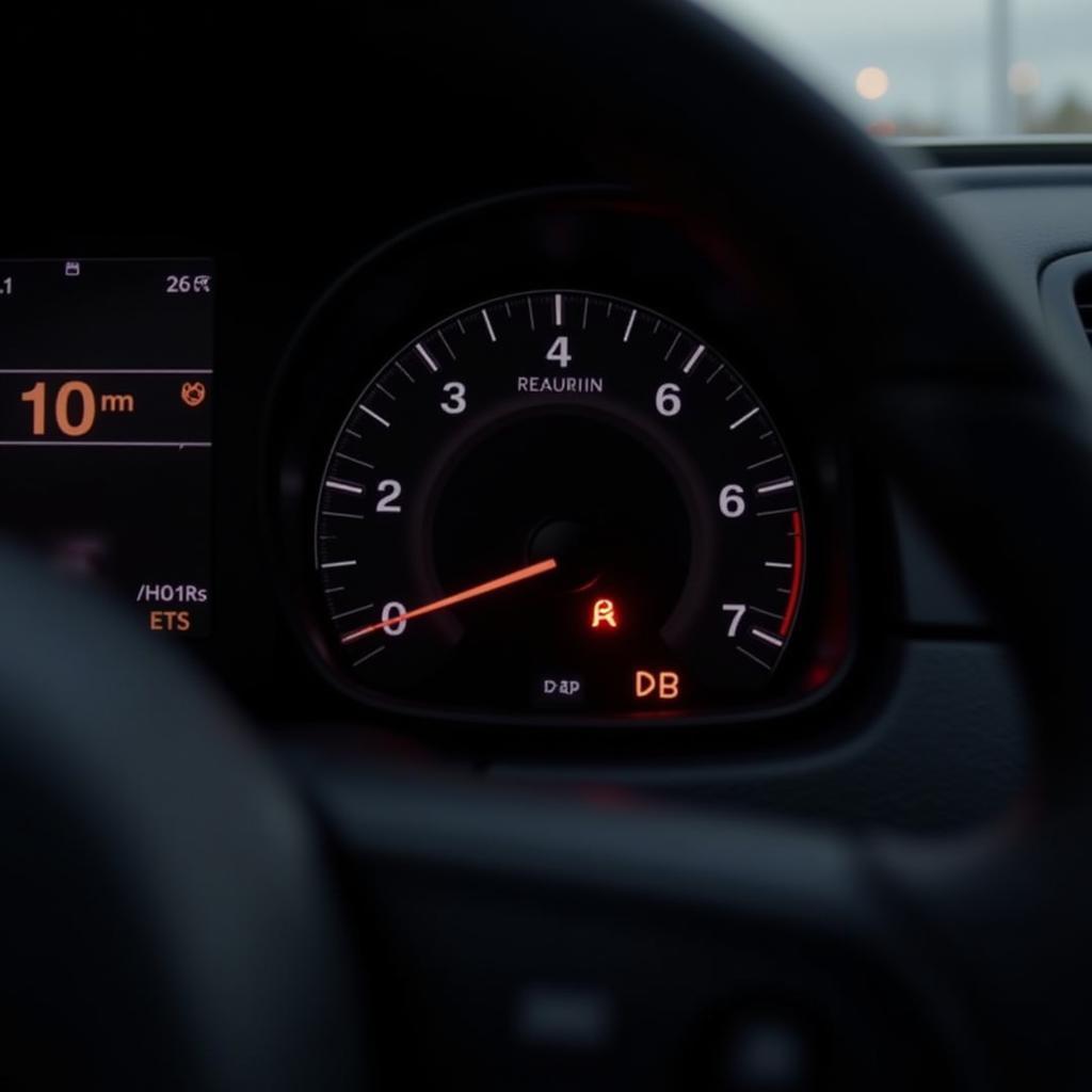 Car dashboard with illuminated check engine light