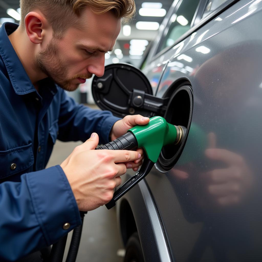 Mechanic Inspecting Gas Cap for Damage