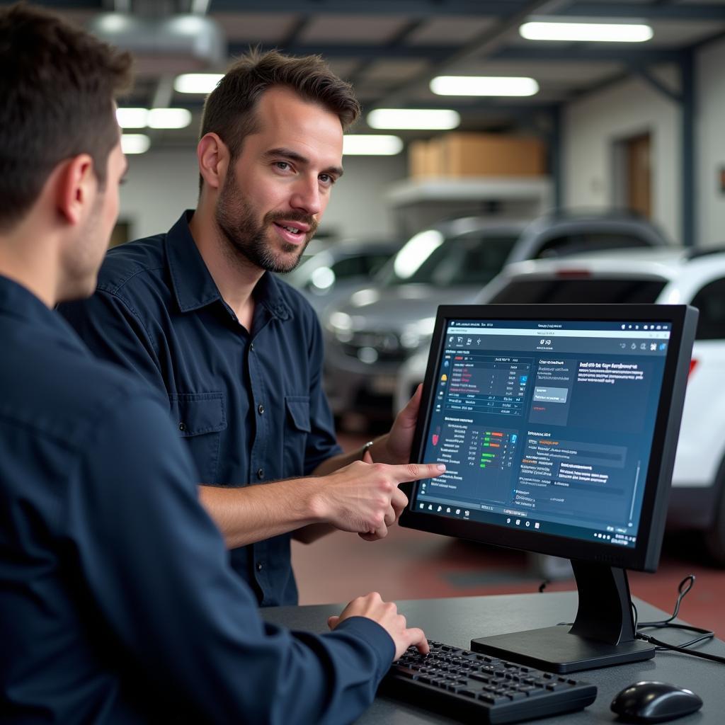 Mechanic explaining car diagnostics to a customer in Chesterfield