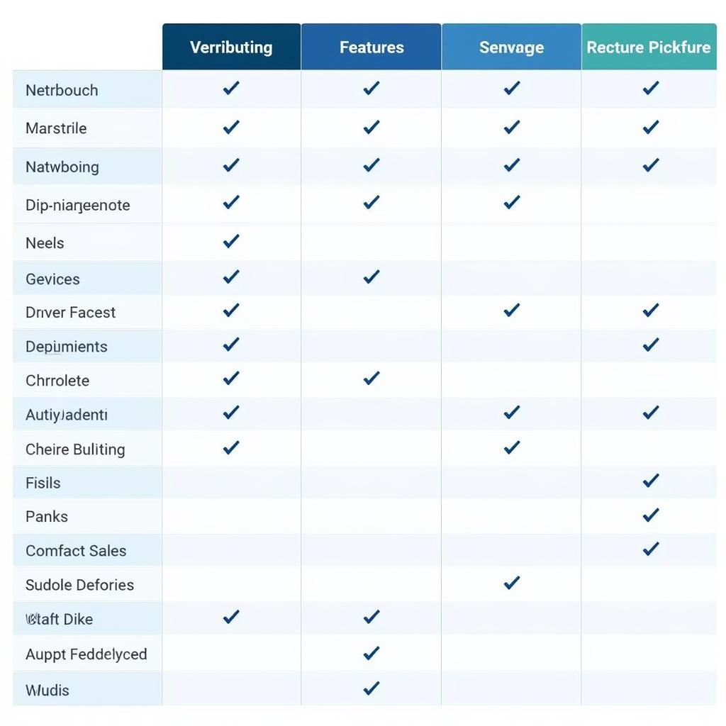 Chart comparing features of different Autodata packages