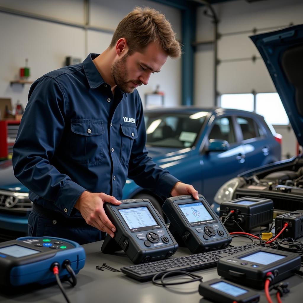 Mechanic Comparing Different Car Diagnostic Machines