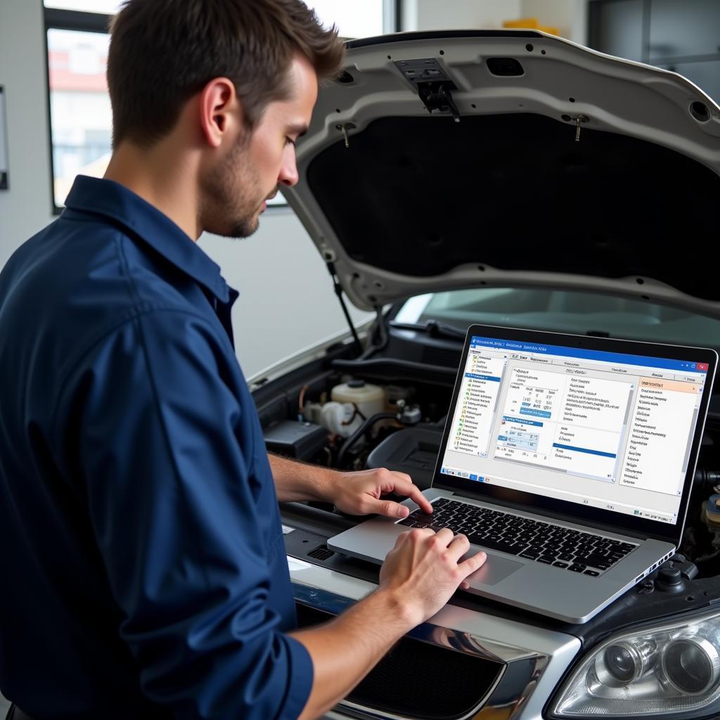 Mechanic using computer car diagnostic software to diagnose a car problem