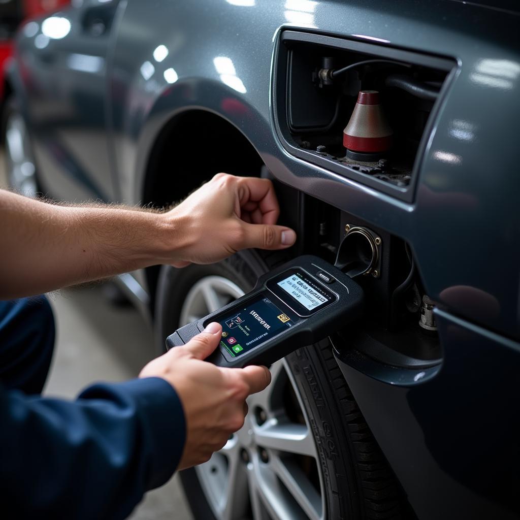 Mechanic using computer car diagnostic tools