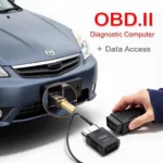 Close-up of a Car Diagnostic Computer being connected to a car's OBD-II port