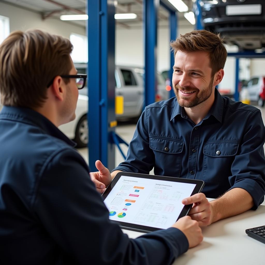 Mechanic in Crawley discussing a car diagnostics report with a customer