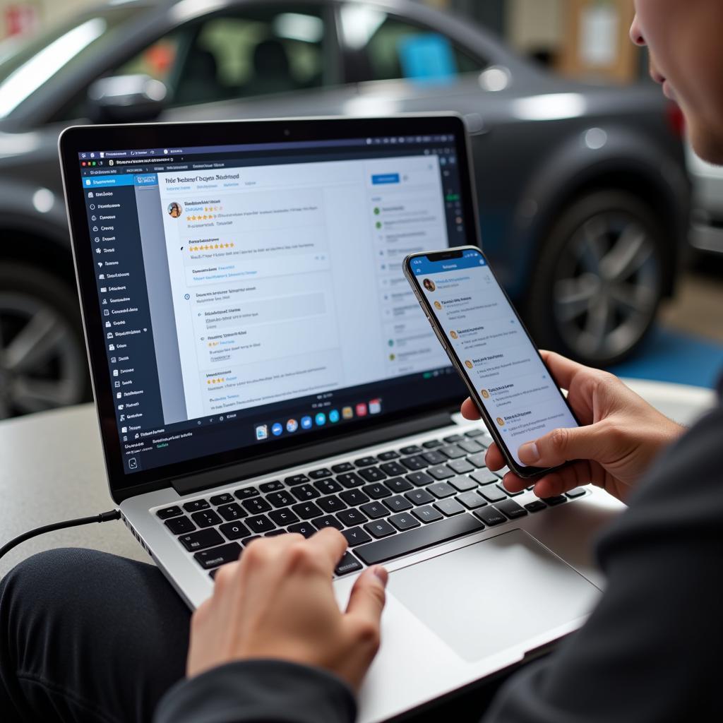 Customer Checking Online Reviews for Car Garage