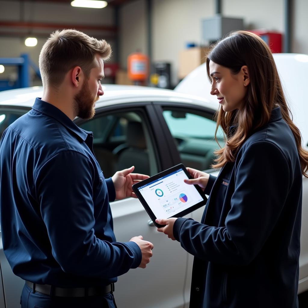 Car owner in Gravesend discussing a diagnostic report with a mechanic