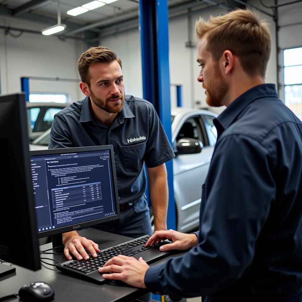 Customer discussing car diagnostics with mechanic in Hinckley