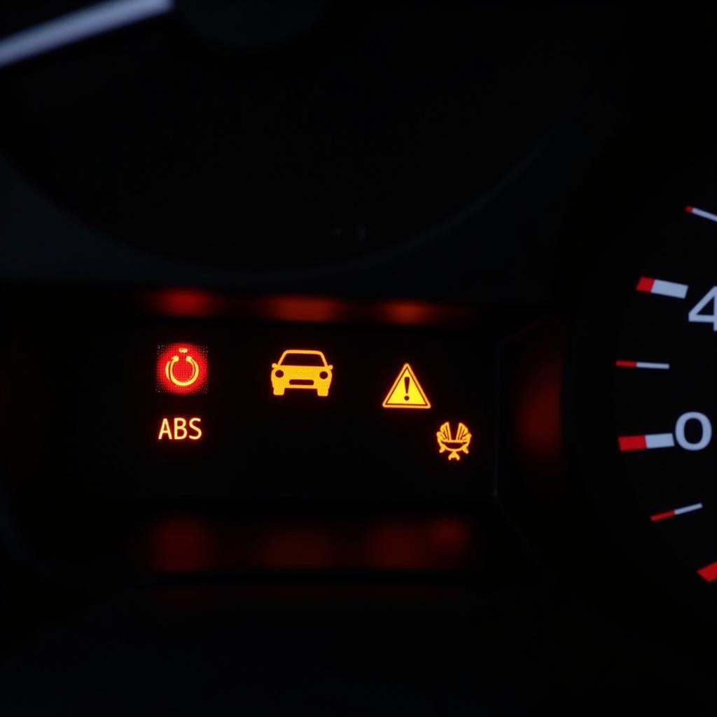 Close-up of a car's dashboard with warning lights illuminated