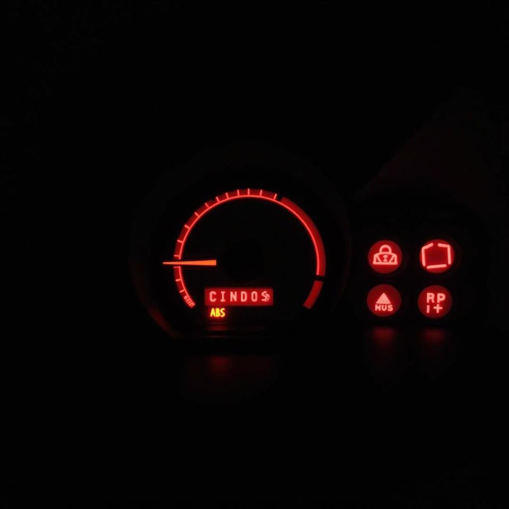 Car dashboard illuminated with various warning lights