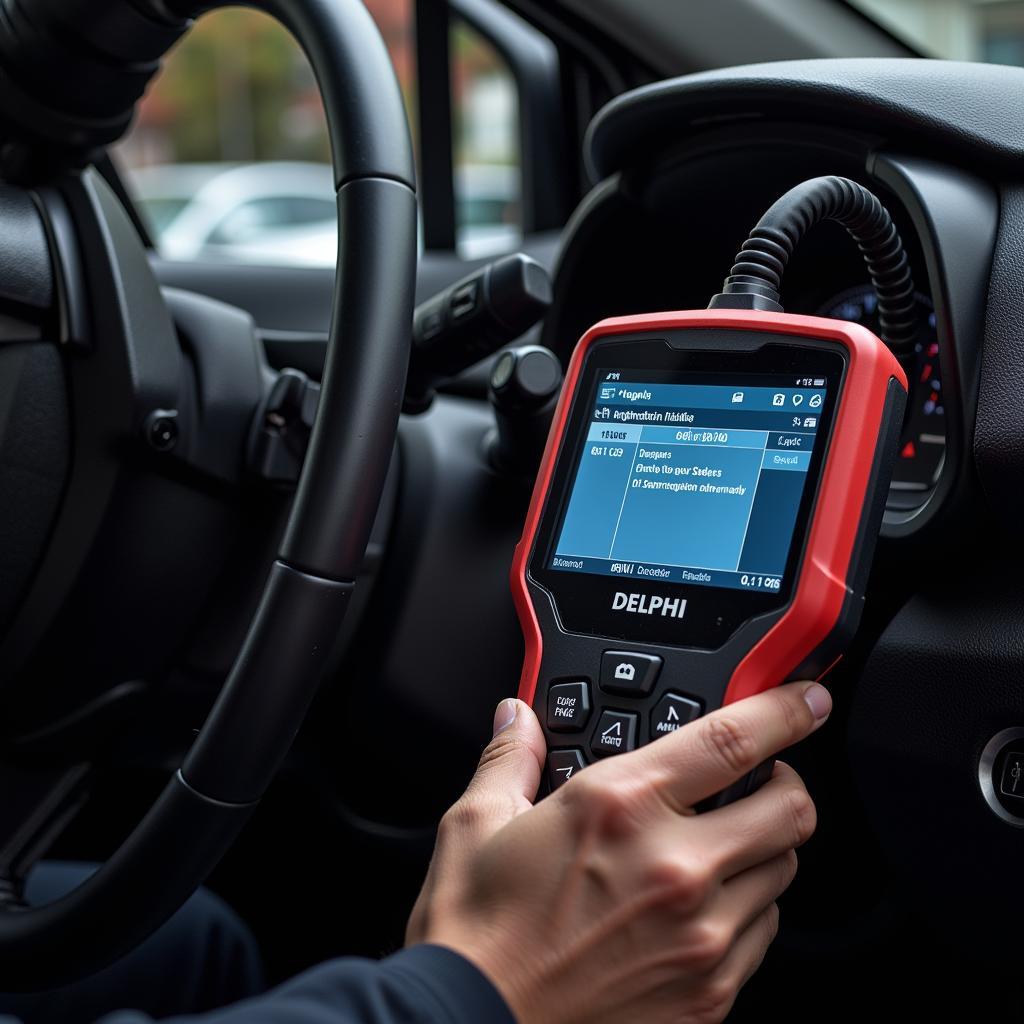 Delphi diagnostic tool connected to a car's OBD-II port