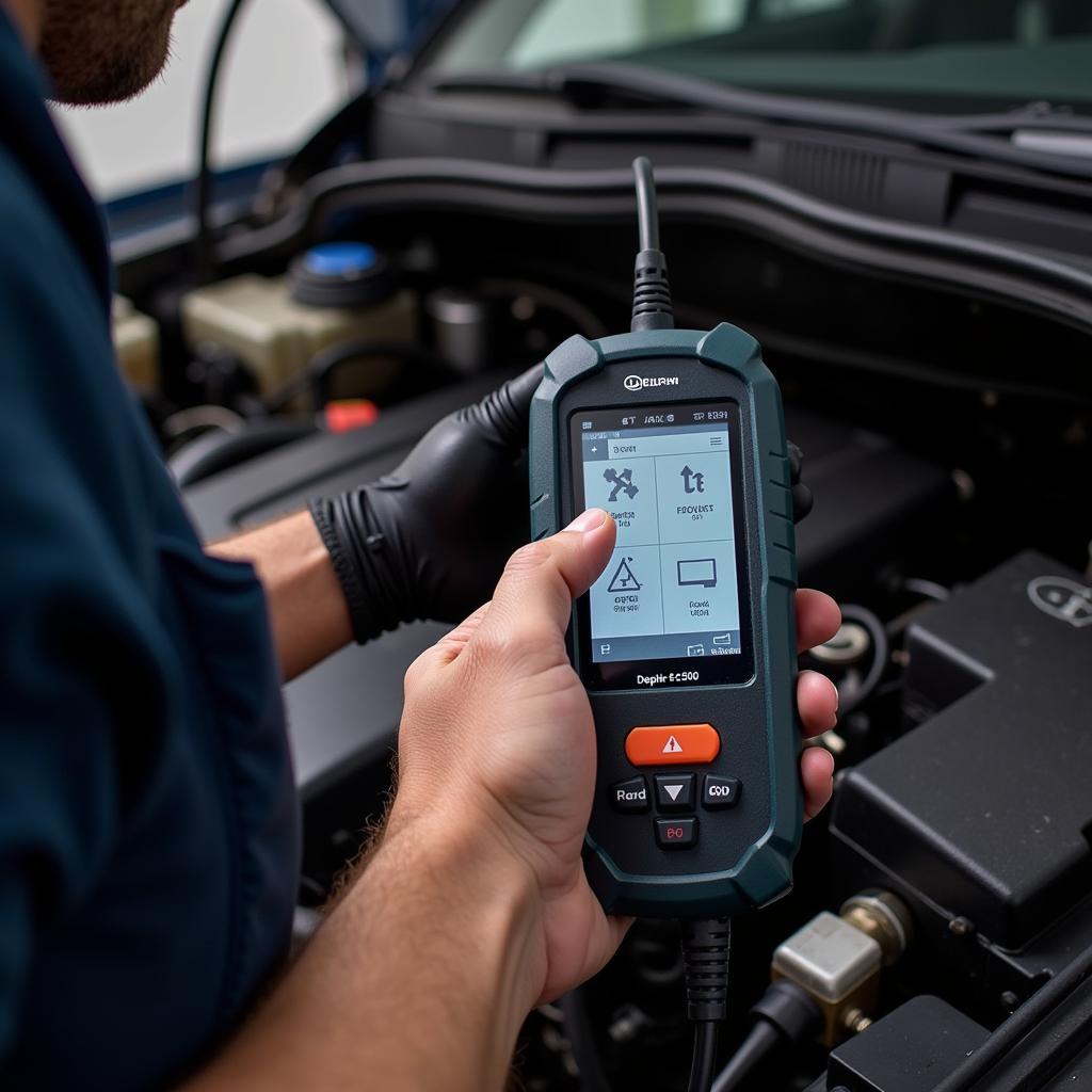 Mechanic Using Delphi E500 for Car Diagnostics